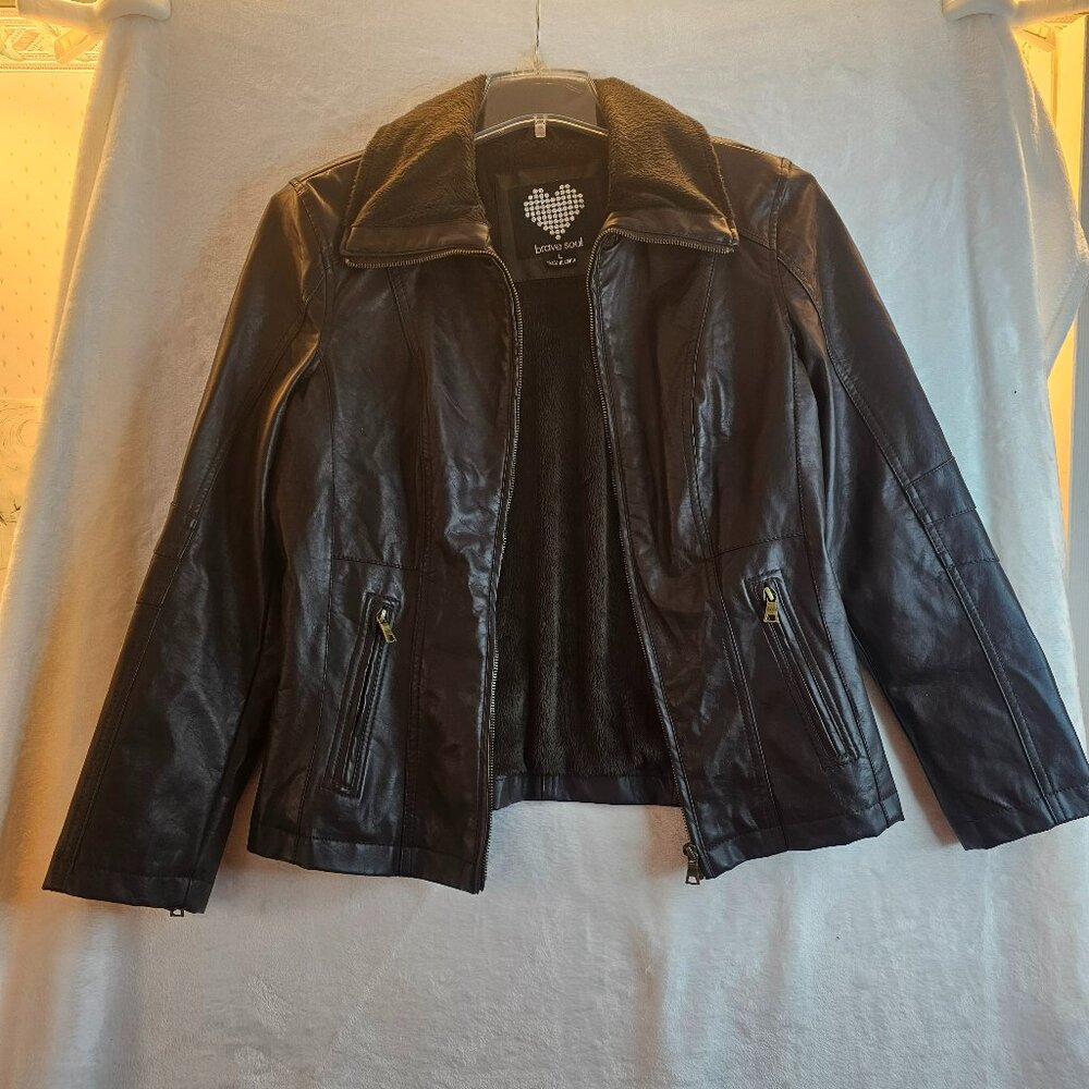 Brave Soul Faux Leather Fur Moto Jacket Dark Brown Chocolate Size L Pockets